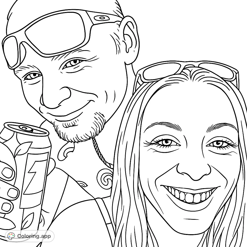 A cheerful couple, both wearing sunglasses, smile brightly. The man holds a refreshing can, perfect for a fun, relaxing coloring experience.
