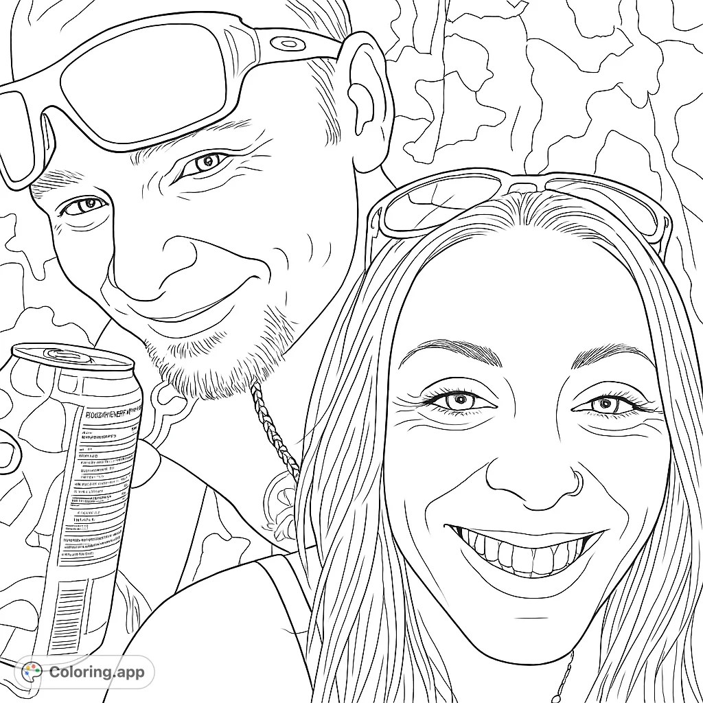 A joyful portrait coloring page featuring a smiling couple, perfect for personalizing. A free printable coloring page for all ages.