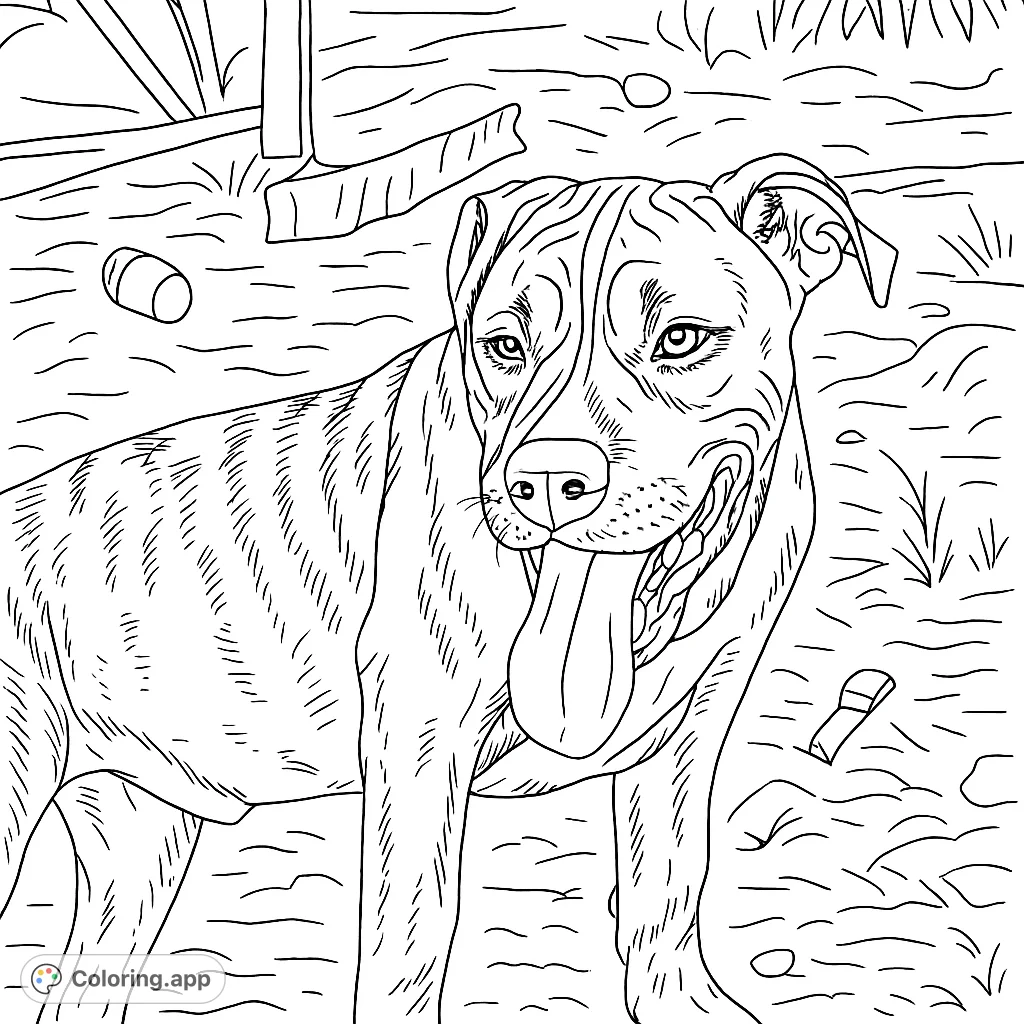 A charming Pitbull dog coloring page, perfect for animal lovers. Features a happy dog with its tongue out, ready for vibrant colors.