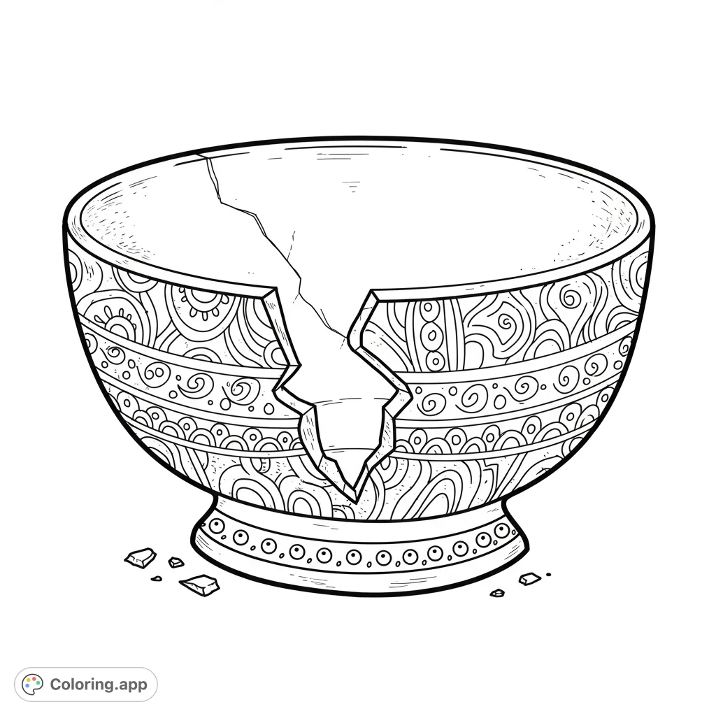 A unique broken bowl coloring page featuring intricate patterns and scattered shards. Explore themes of imperfection and beauty in this free printable coloring page.