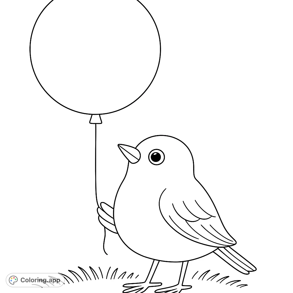 A delightful bird holds a large balloon, standing on grass. A cute animal coloring page, perfect for kids and free printable fun!