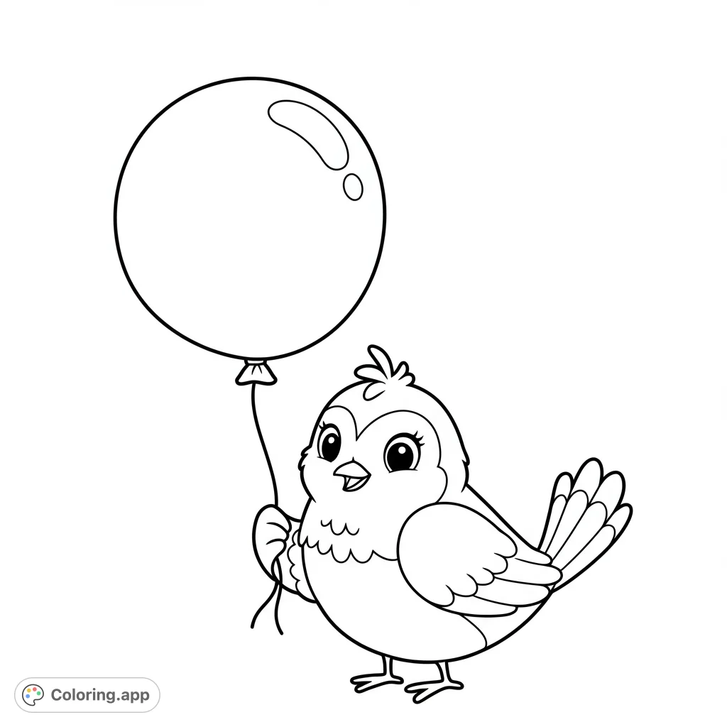 An adorable bird holds a large balloon, ready for a burst of color! This free printable bird coloring page is perfect for kids and adults.