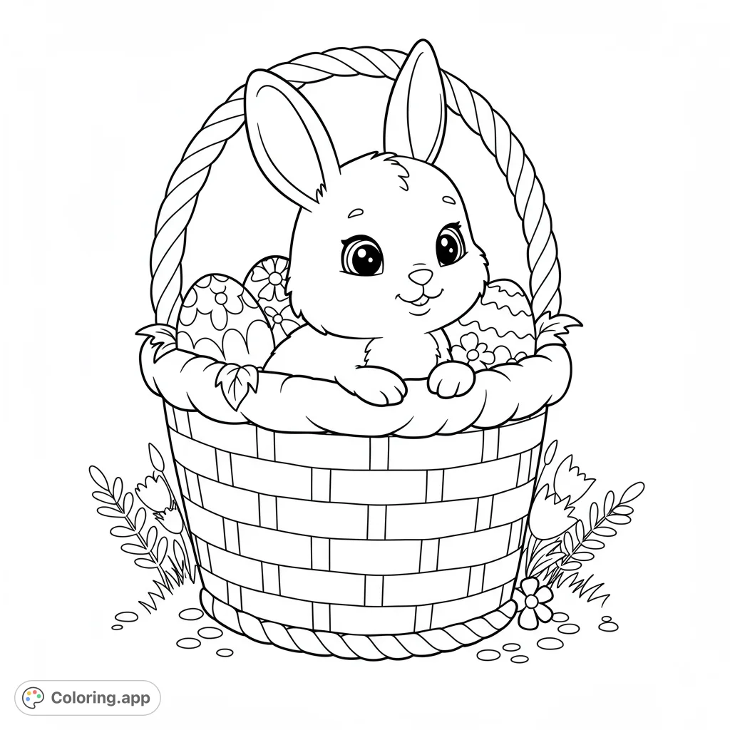 A charming Easter bunny peeks from a woven basket, surrounded by intricately decorated eggs and delicate spring flowers, perfect for holiday coloring fun.