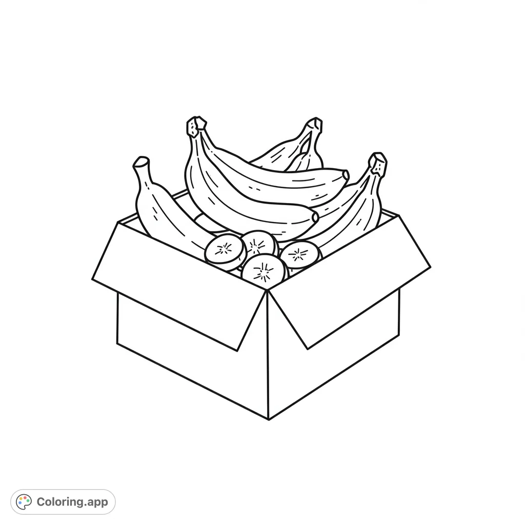 A delightful free printable banana box coloring page featuring whole bananas and slices in a simple cardboard box, perfect for all ages.