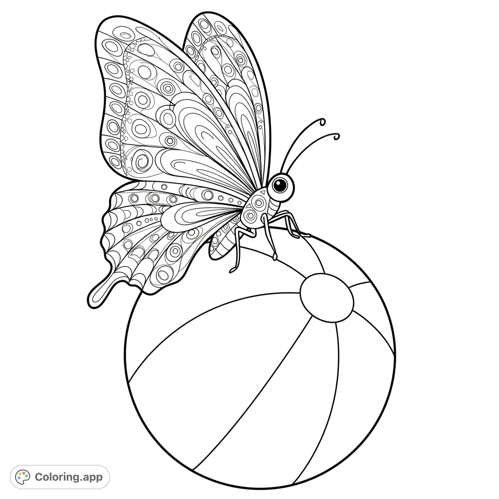 A detailed butterfly with intricate wing patterns rests on a classic beach ball, offering a delightful summer coloring page for all ages.