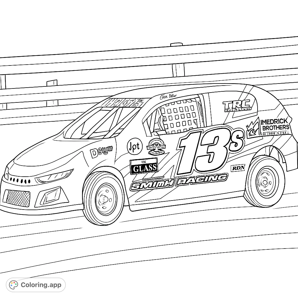 Dynamic race car coloring page on a track, perfect for speed enthusiasts. Free printable race car coloring page for kids and adults, featuring a detailed vehicle.