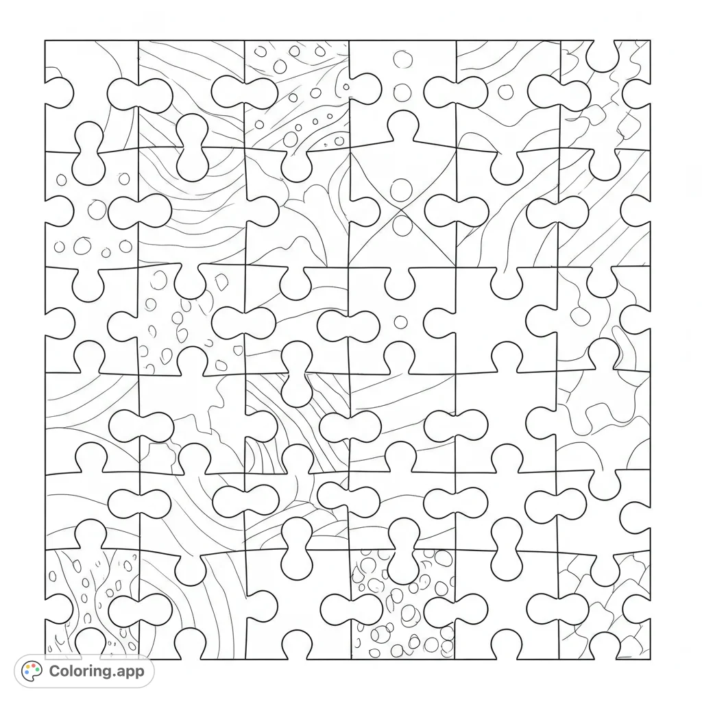 An intricate puzzle patterns coloring page featuring interlocking pieces with diverse abstract designs like waves, circles, and organic shapes.