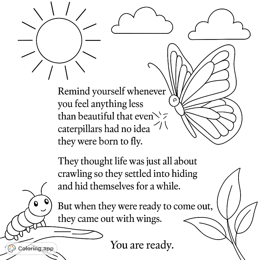 A delightful nature coloring page featuring a happy caterpillar, a beautiful butterfly, a shining sun, and clouds. Perfect for all ages.