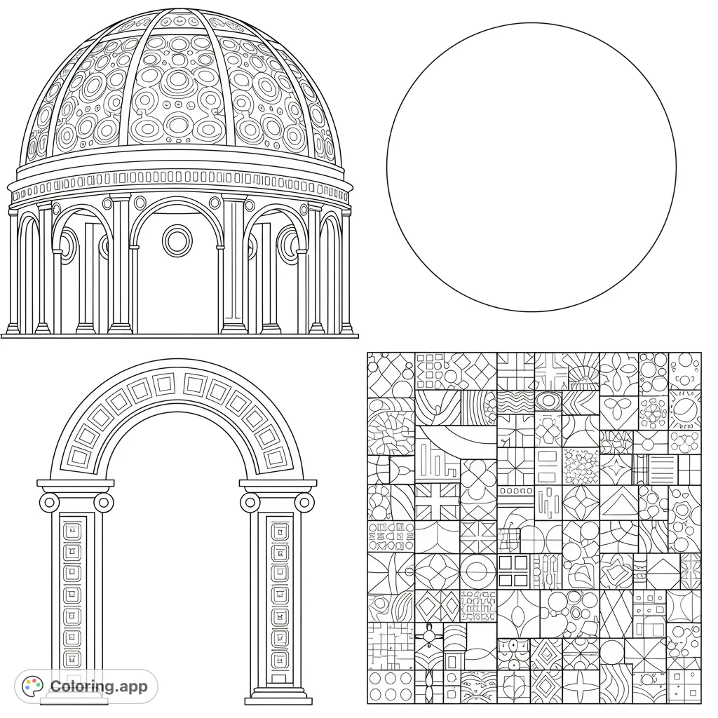 Explore a unique architectural elements coloring page featuring a grand dome, classical arch, and intricate geometric patterns. A free printable coloring page for all ages.