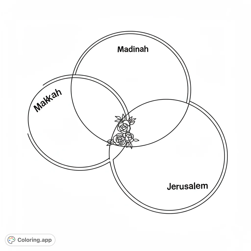 Explore connections with this unique Venn diagram coloring page featuring three overlapping circles labeled 'Makkah', 'Madinah', and 'Jerusalem'.