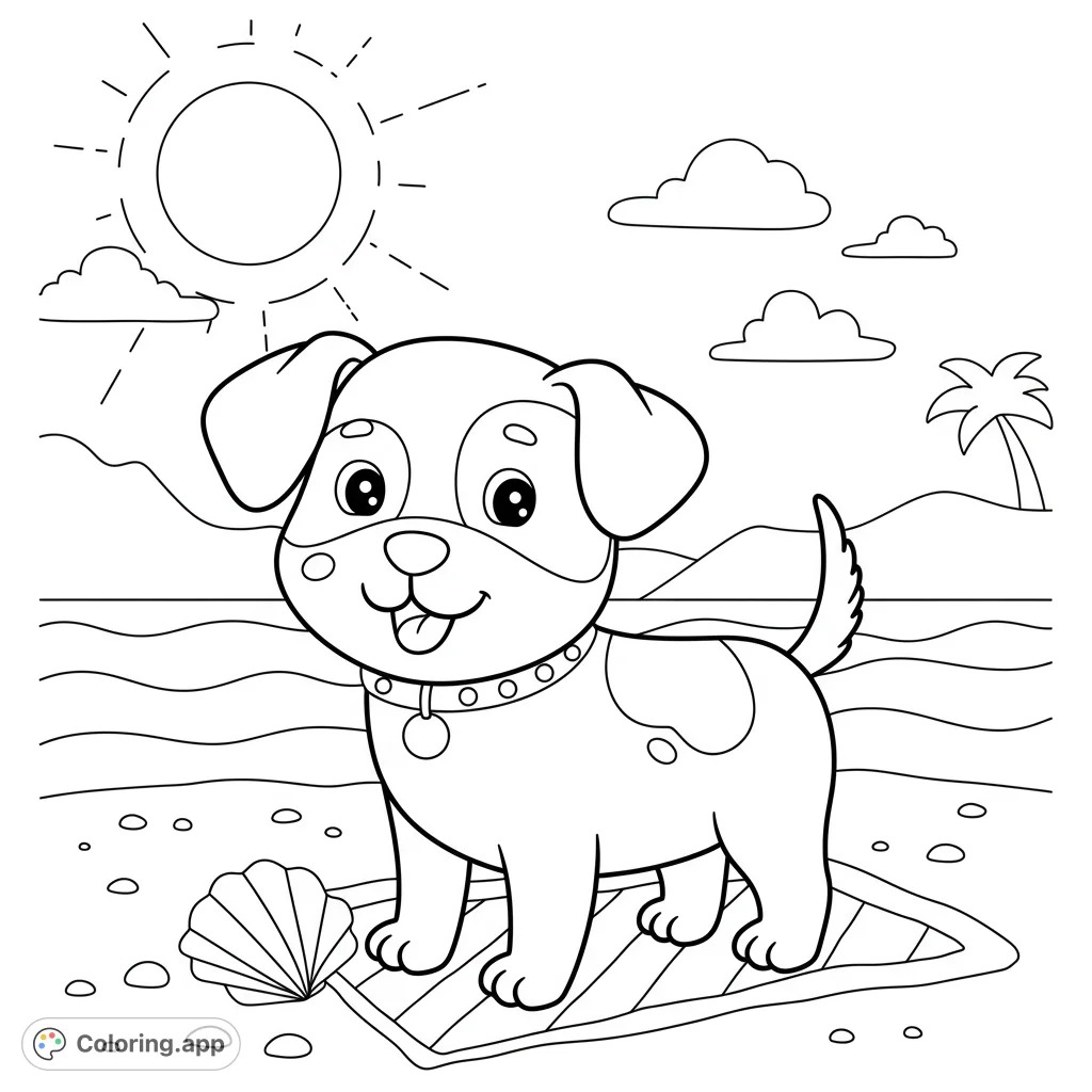 An adorable puppy enjoys a sunny beach day, standing on a striped towel with a seashell nearby. Perfect free printable puppy coloring page for kids!