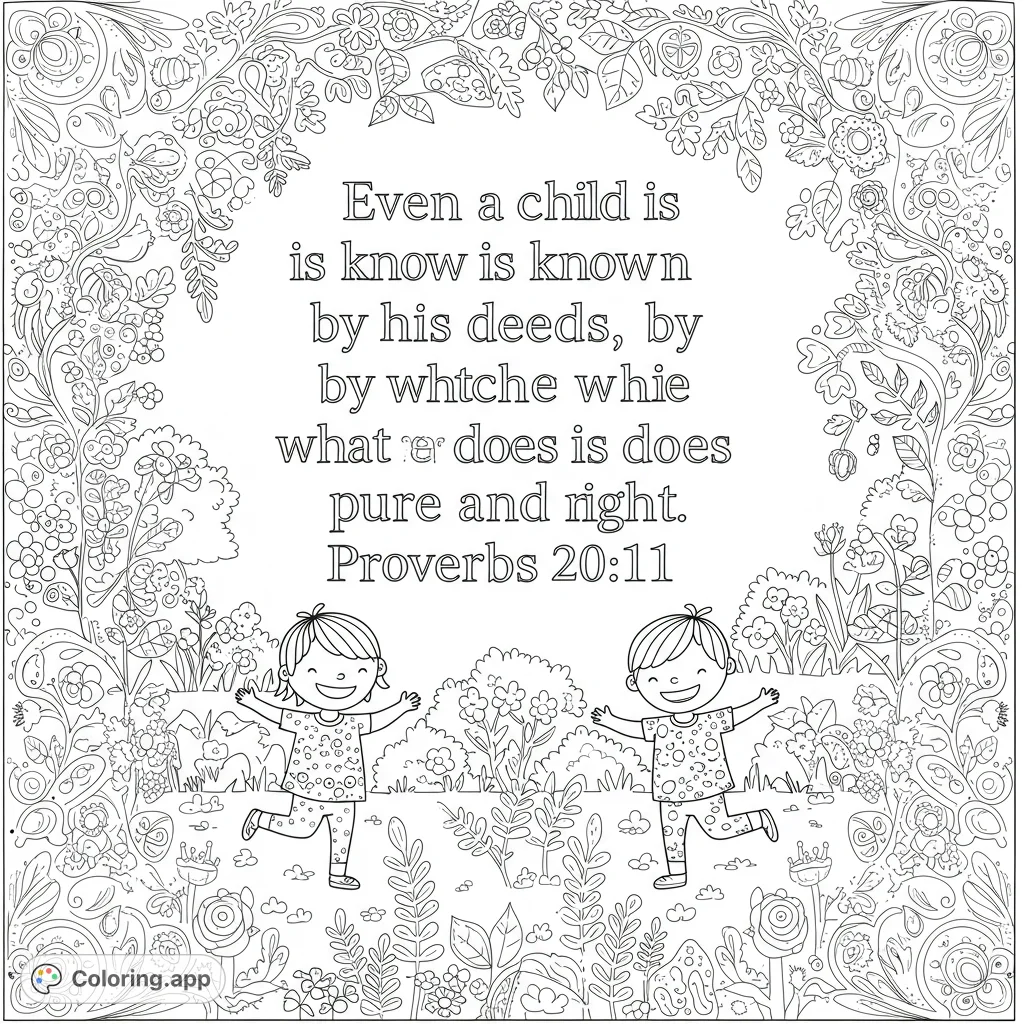 Two happy children skip in a vibrant garden, framed by an intricate floral border. A delightful nature-themed coloring page for all ages.