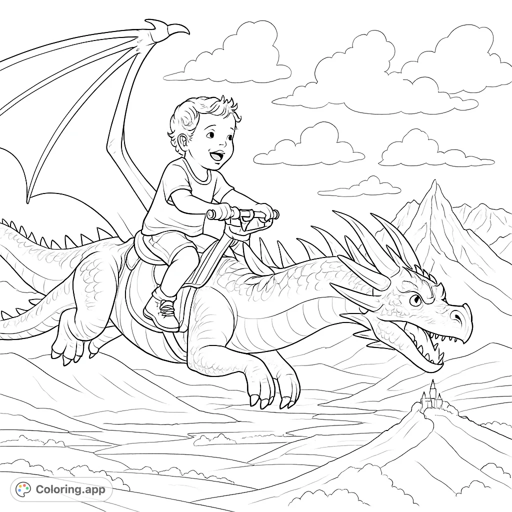An adventurous boy soars through the sky on a magnificent dragon, overlooking a fantastical landscape with mountains and a distant castle.