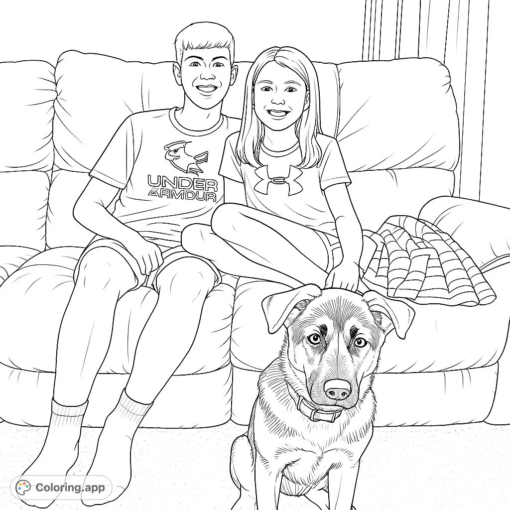 A heartwarming family and pets coloring page featuring two smiling children and their beloved dog relaxing on a cozy couch, a free printable coloring page.