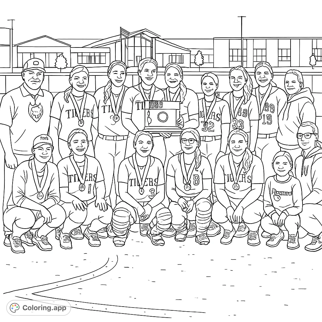 Celebrate victory with this free printable softball team coloring page! Features a triumphant team, coach, trophy, and medals against a modern building.