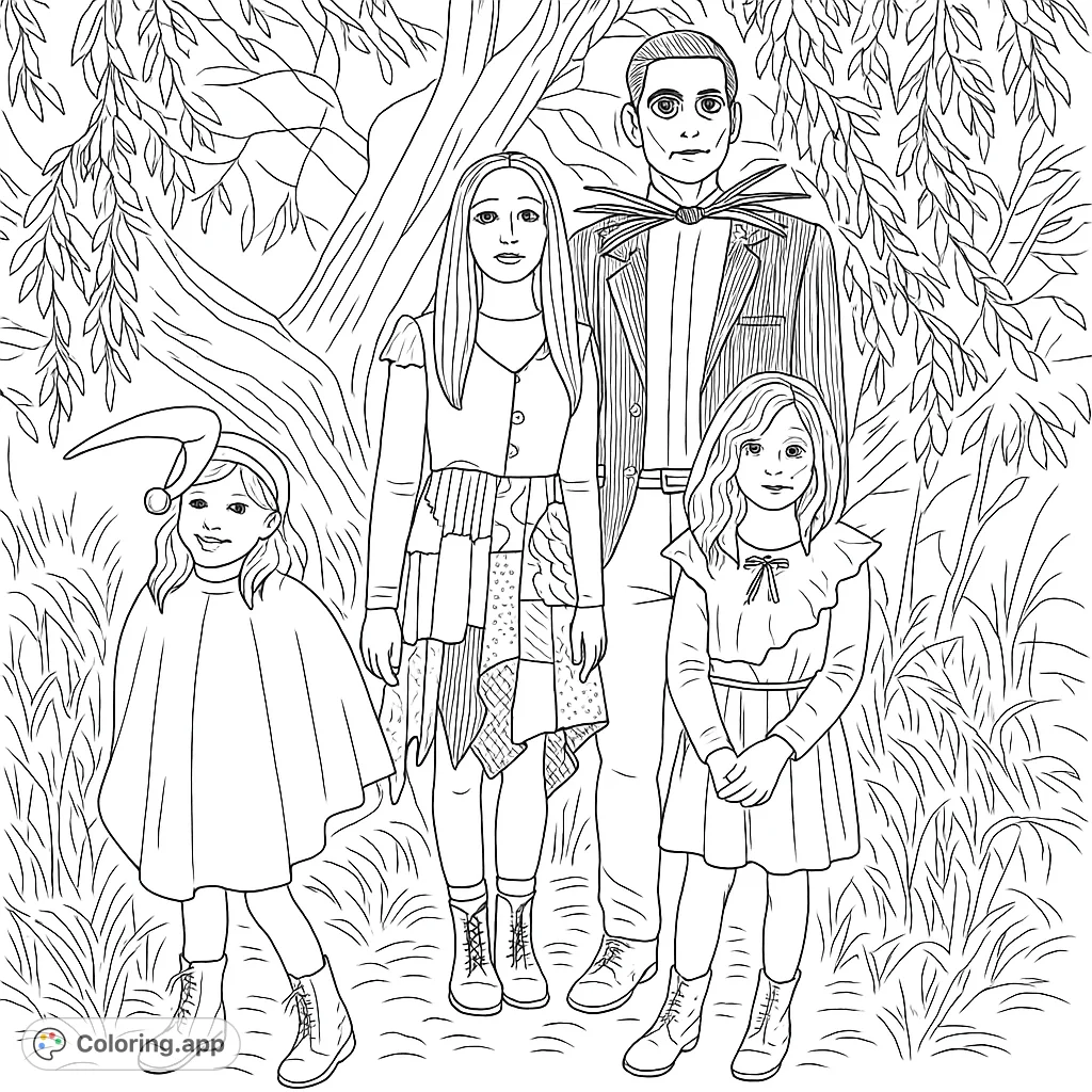 A unique family portrait featuring a tall, slender man, a patched-dress woman, and two children in a whimsical forest setting, perfect for coloring.