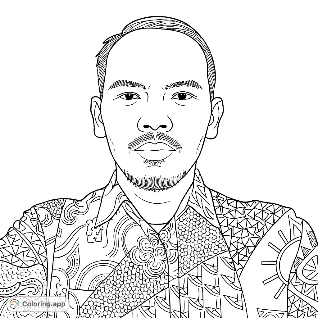 A detailed portrait of a man in a collared shirt featuring diverse, intricate patterns. This unique design offers a rewarding coloring experience for all ages.