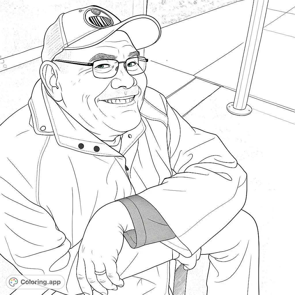 A heartwarming free printable portrait of a smiling man in a baseball cap and jacket, perfect for a relaxing coloring page experience. Ideal for all ages.