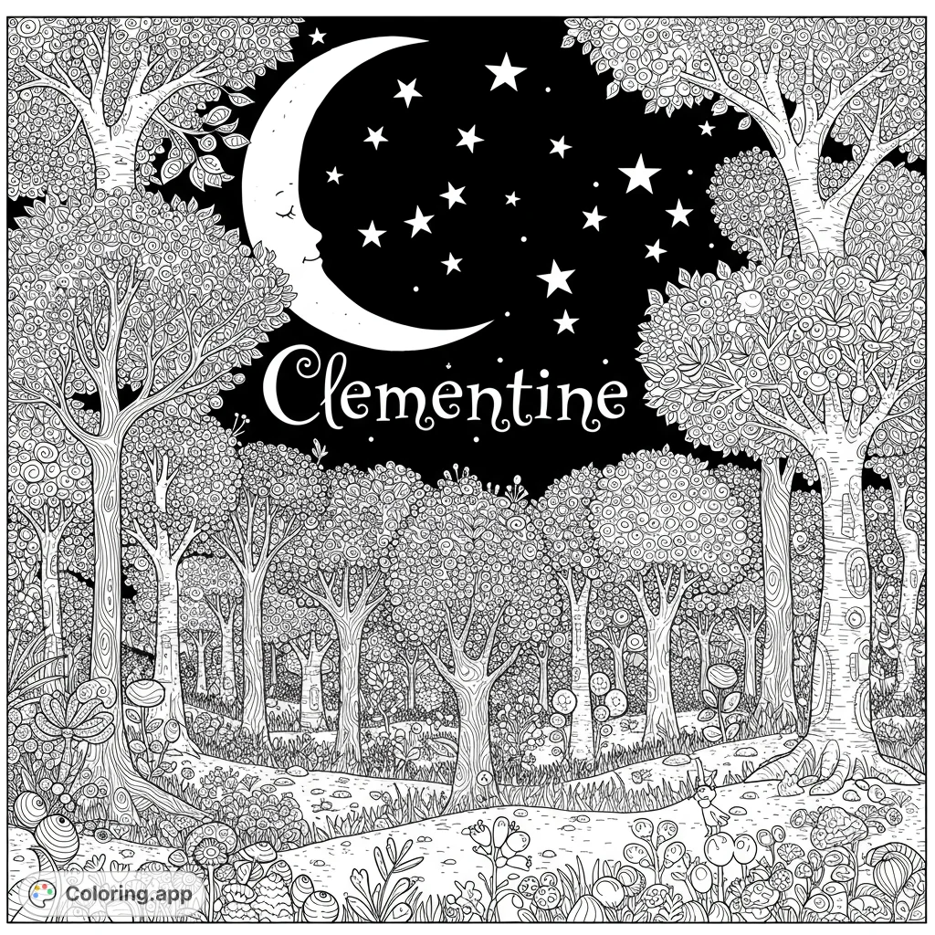 A magical moonlit forest scene with a sleeping crescent moon, twinkling stars, and intricate trees and plants, perfect for a whimsical coloring adventure.