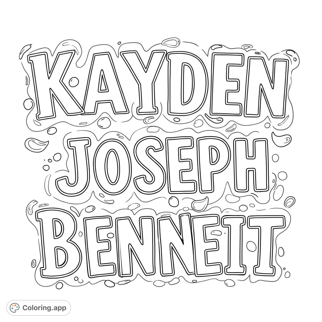 A fun, customizable coloring page featuring bold, outlined letters spelling 'KAYDEN JOSEPH BENNETT' surrounded by a playful wavy border with bubbles.