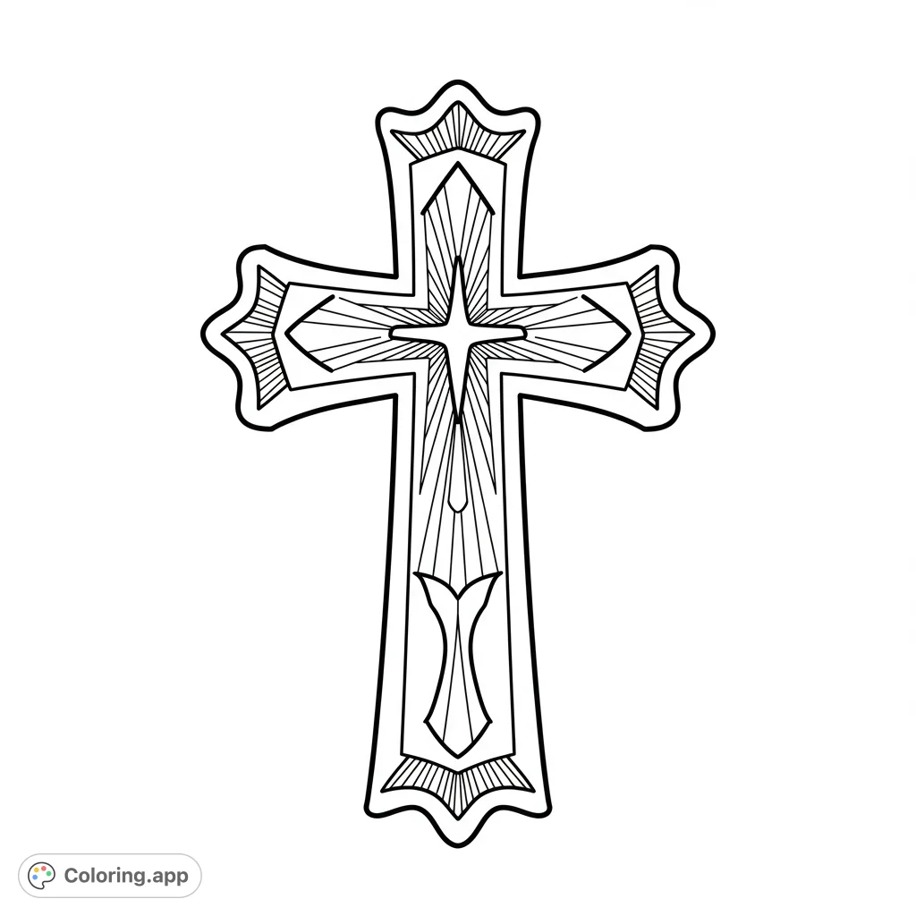 A beautiful ornate Christian cross coloring page, featuring intricate radiating lines and decorative patterns, perfect for spiritual reflection and creative expression.