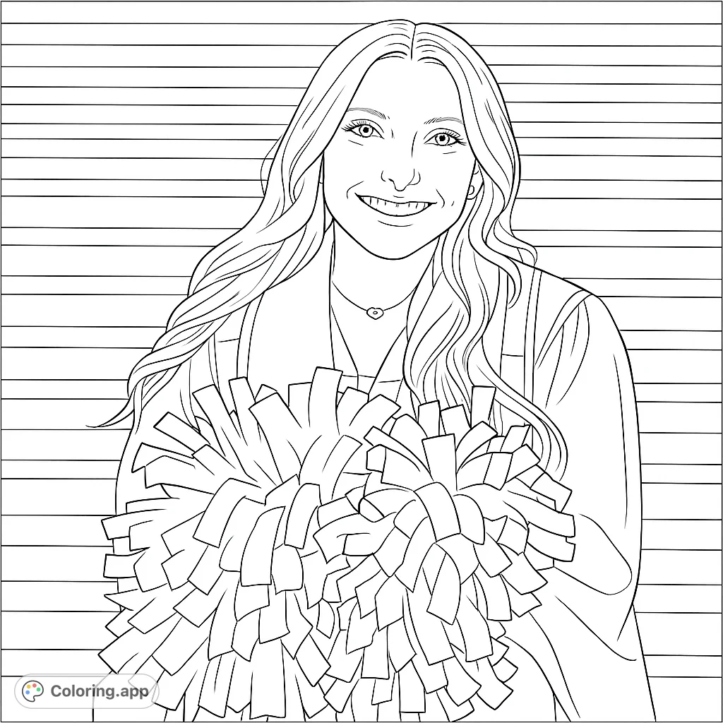 A vibrant cheerleader smiles, holding two large pom-poms, ready to be colored. Perfect for sports fans and aspiring cheerleaders.