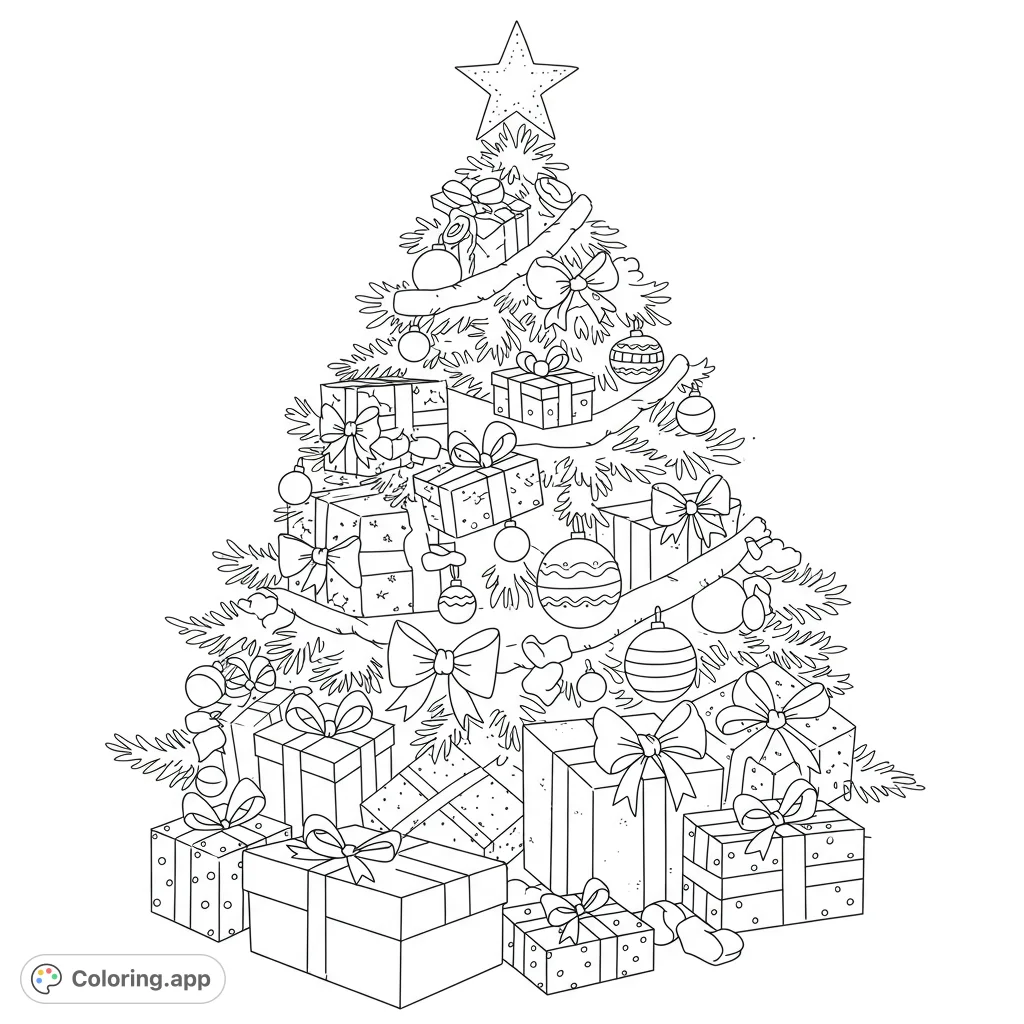 A festive Christmas tree adorned with ornaments, bows, and garlands, surrounded by beautifully wrapped presents. Perfect for holiday cheer.