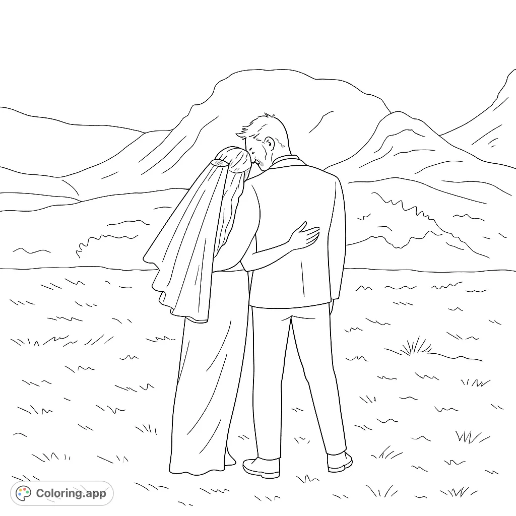 A romantic wedding couple embraces, overlooking scenic mountains. A beautiful, free printable wedding coloring page for celebrating love and special moments.