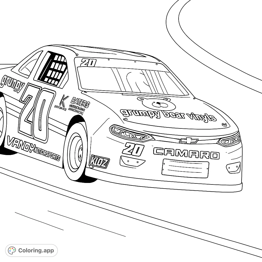 A thrilling race car coloring page featuring a sleek stock car on a curved track, ready for vibrant colors. Perfect free printable for speed enthusiasts.