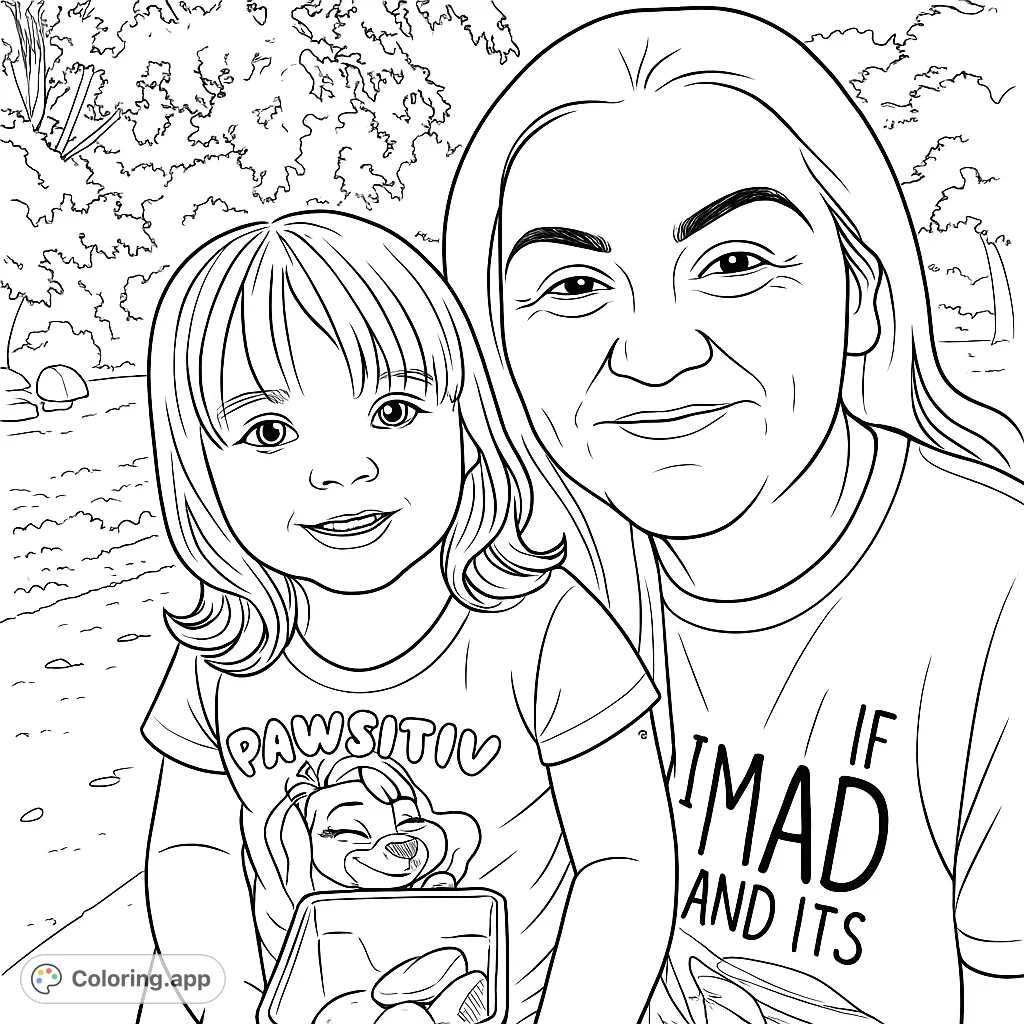 A heartwarming black and white line drawing of a smiling adult and child, perfect for a free printable family coloring page.