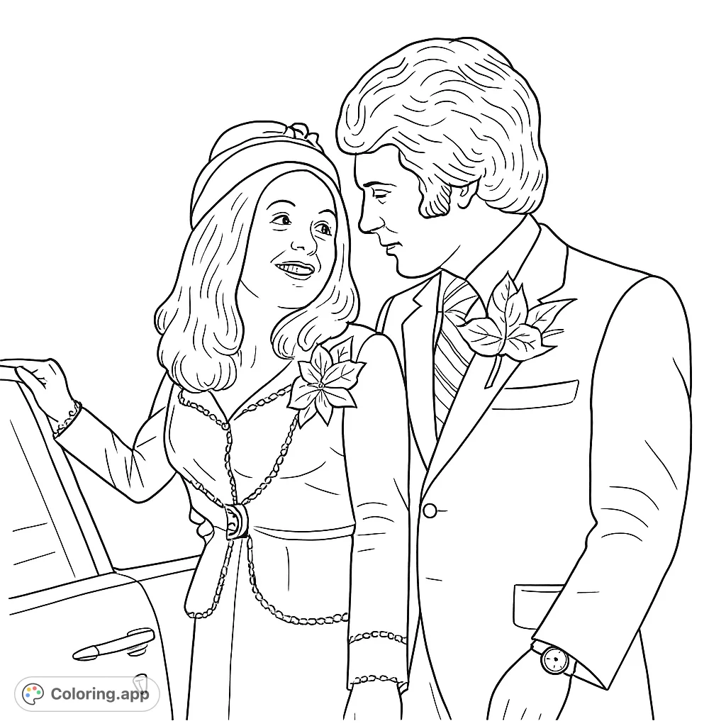 A charming couple shares a loving gaze, dressed elegantly with intricate details like a floral brooch and boutonnière. Perfect for a romantic coloring escape.