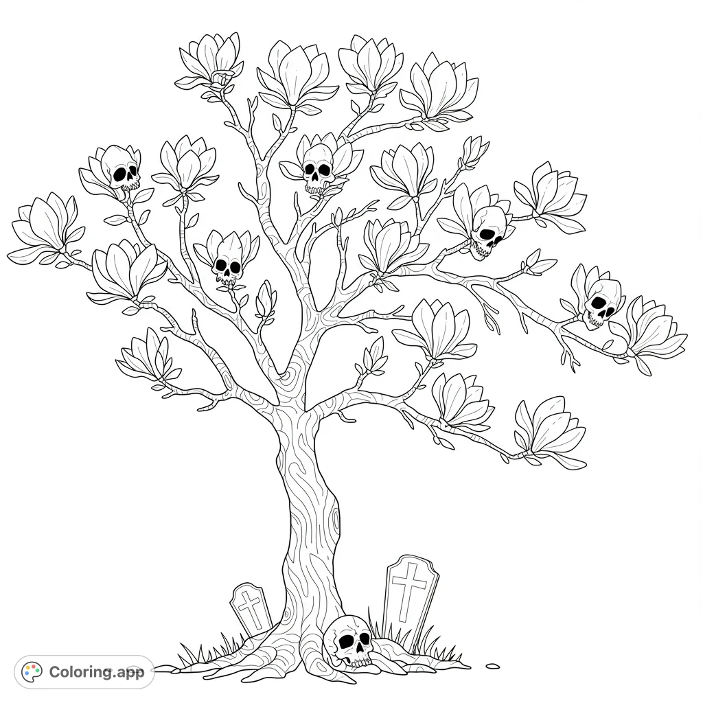 A unique gothic floral coloring page featuring a tree with magnolia-like flowers and hidden skulls, perfect for a spooky yet beautiful artistic escape.