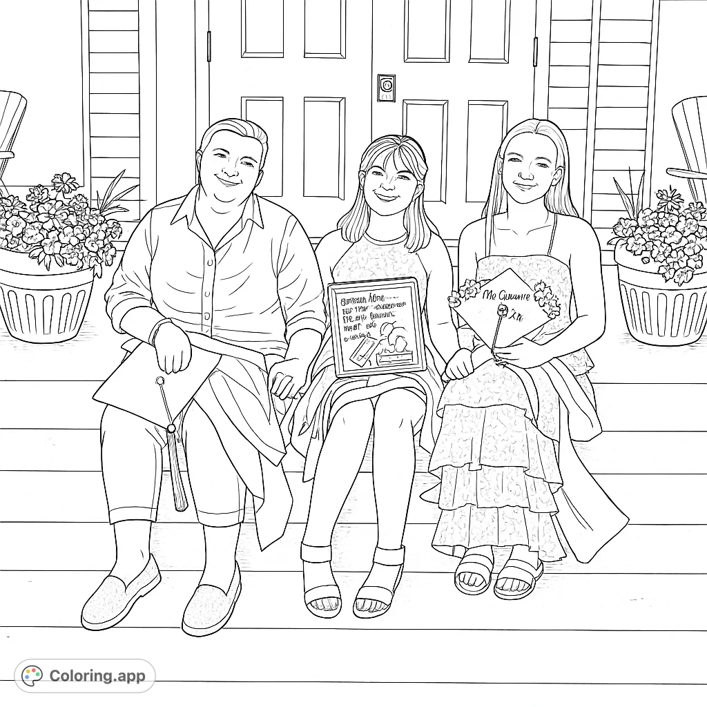 Celebrate milestones with this graduation family portrait coloring page. Three smiling individuals on steps, perfect for commemorating special achievements.