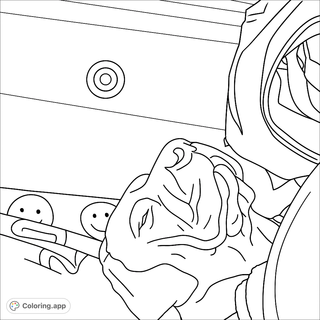 A unique abstract portrait coloring page featuring a contemplative face, intriguing mechanical structures, and playful smiley faces. A free printable coloring page for all ages.