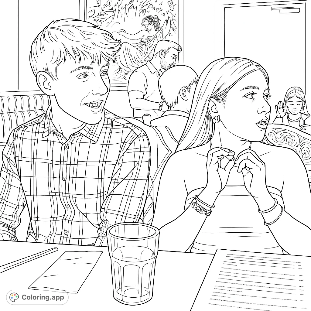 Capture a lively restaurant scene with two young people engaged in conversation, surrounded by detailed dining ambiance. A free printable coloring page.