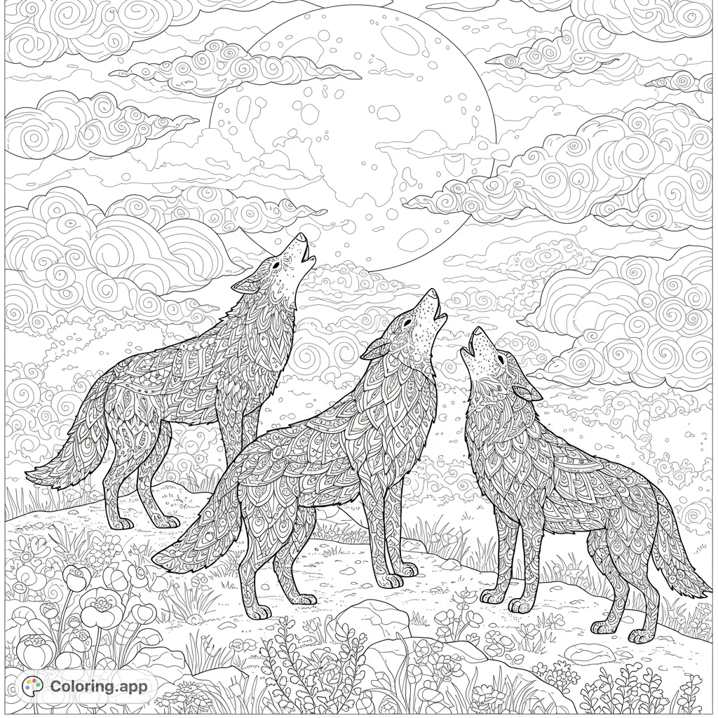 Three majestic, intricately patterned wolves howl at a luminous full moon amidst swirling clouds and a detailed natural landscape. A captivating scene for coloring.