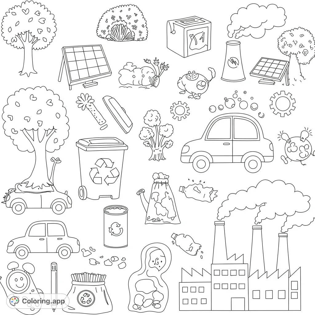 Explore a free printable eco-friendly coloring page featuring diverse environmental elements like trees, solar panels, recycling bins, and factories.