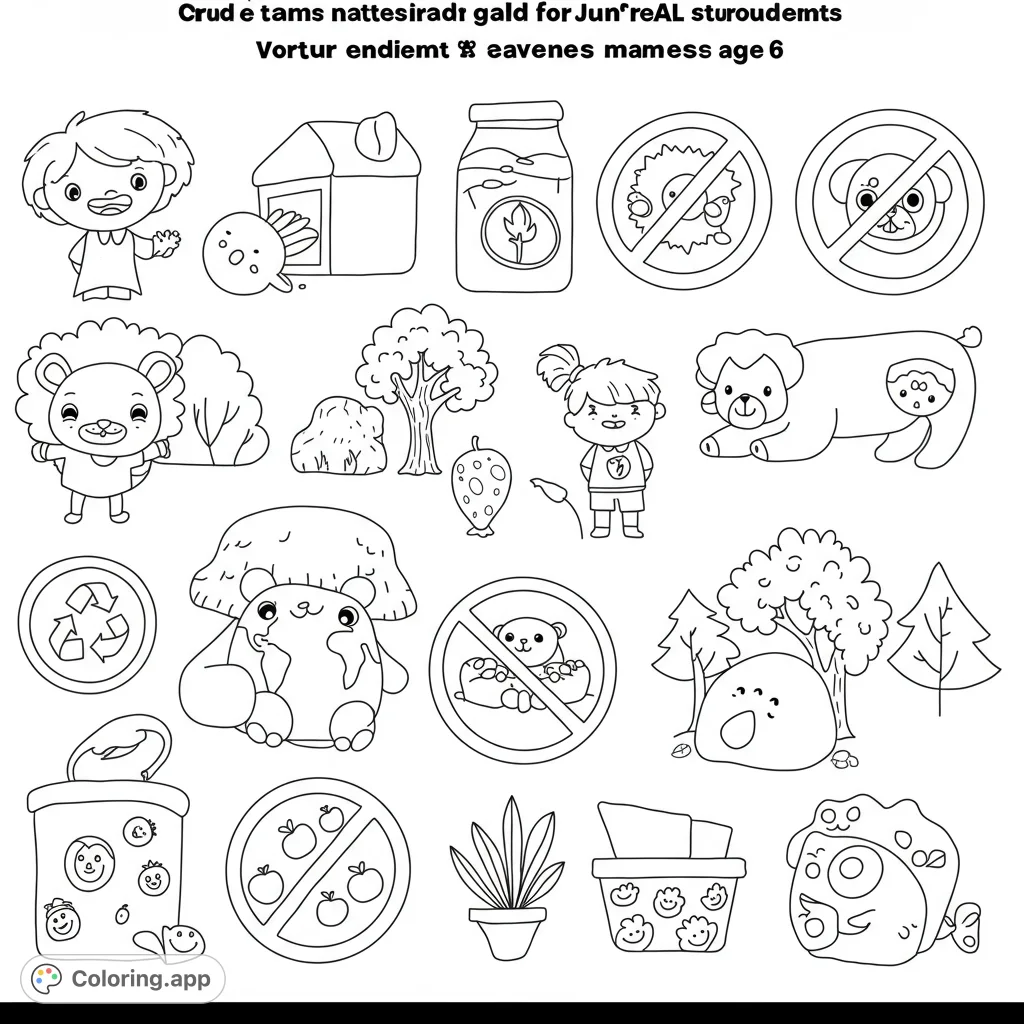 Explore a delightful collection of nature-themed elements, cute animals, and environmental symbols in this free printable coloring page.
