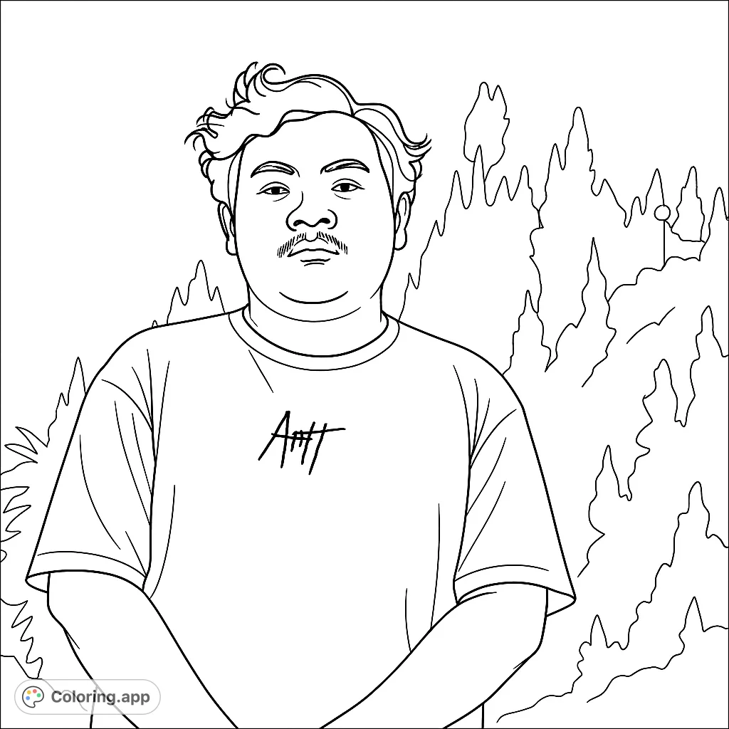 A captivating portrait coloring page featuring a man with a mustache and wavy hair, perfect for personalizing with your favorite colors.