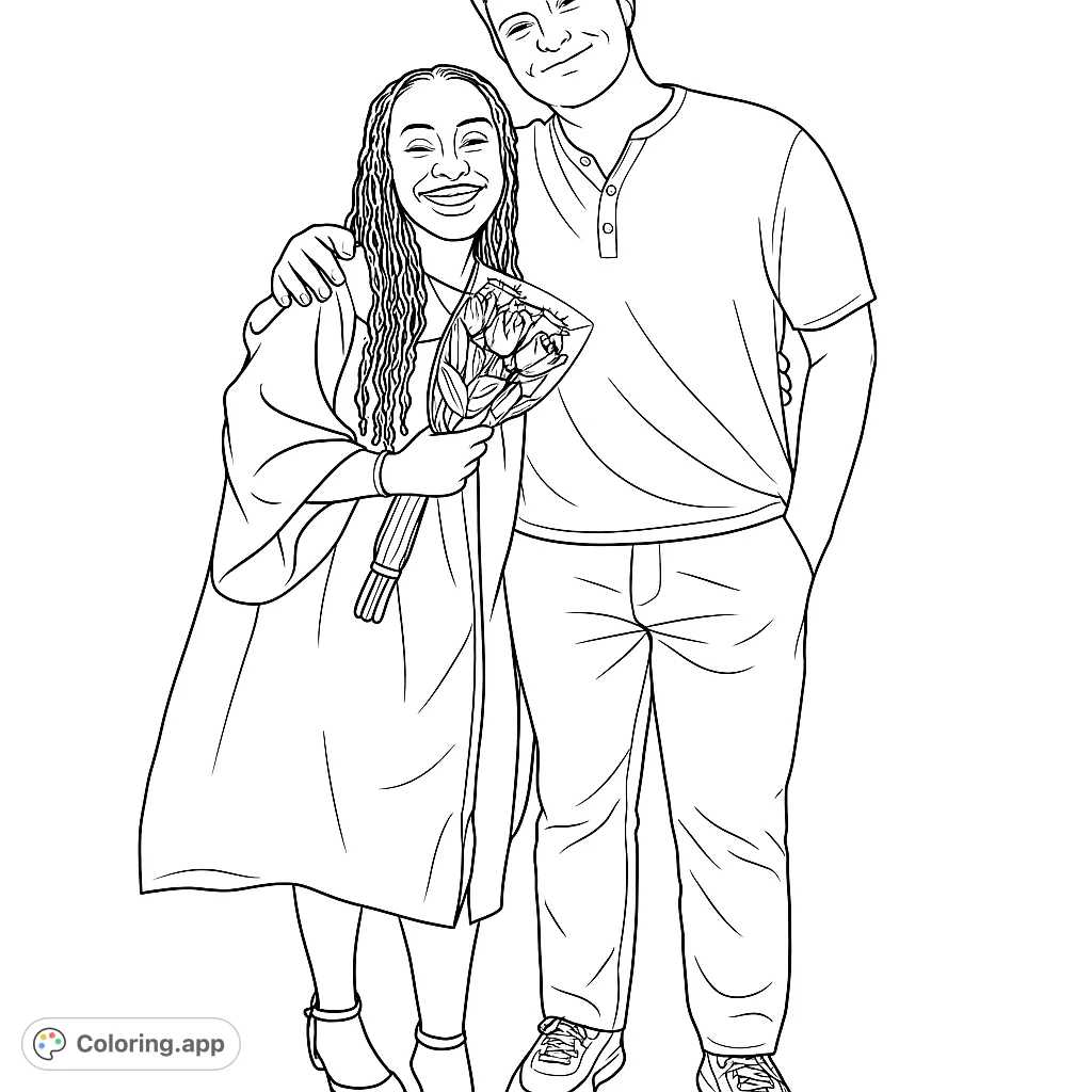 Celebrate a special milestone with this graduation coloring page featuring a joyful graduate and a proud companion, perfect for free printable coloring page fun.