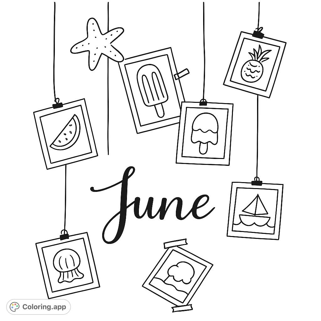 A delightful summer-themed coloring page featuring hanging frames with doodles of watermelon, ice cream, pineapple, and more. Perfect for summer fun!