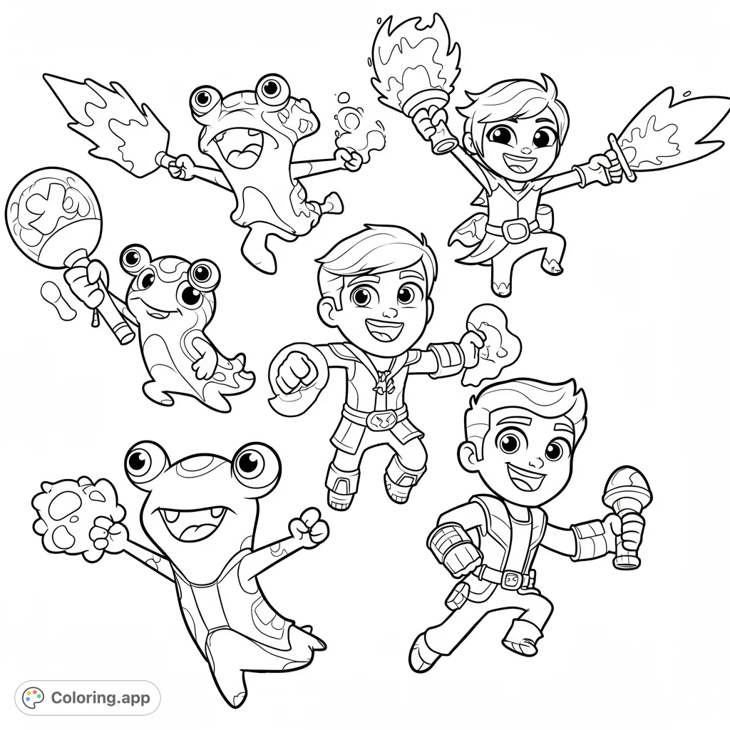 Dynamic action heroes and their friendly creature companions burst with energy in this exciting free printable coloring page, perfect for adventure.