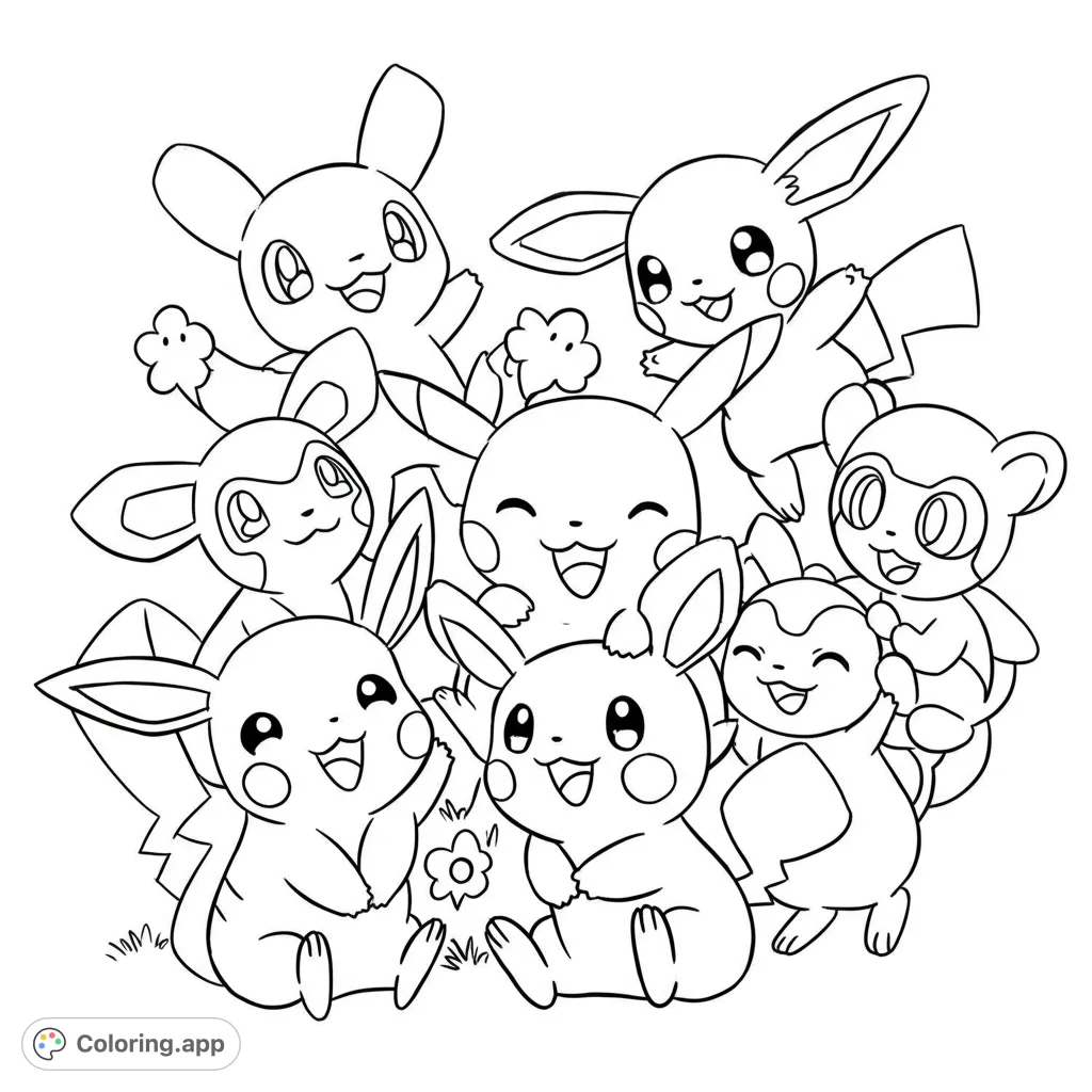 An adorable group of happy cartoon characters, including Pikachu and friends, ready for a fun coloring adventure. Perfect for fans of cute creatures!