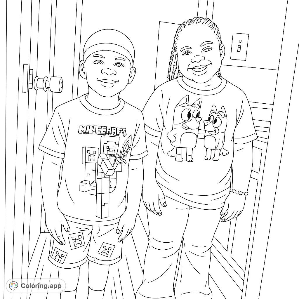 A delightful free printable coloring page featuring two smiling children, one with gaming characters and the other with beloved cartoon dogs, ready for vibrant colors.