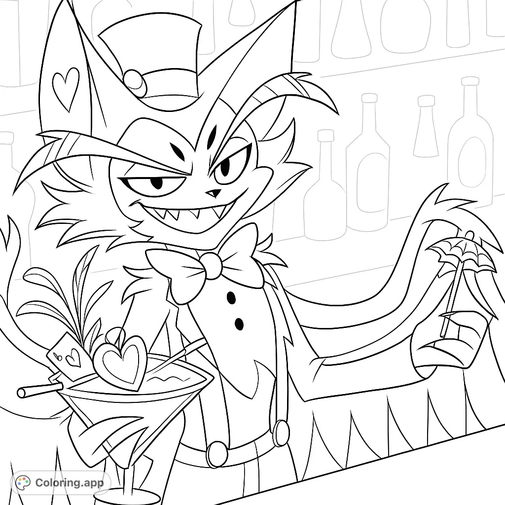 A dapper, mischievous anthropomorphic cat-like bartender with a top hat and bow tie, holding a fancy cocktail at a bar.