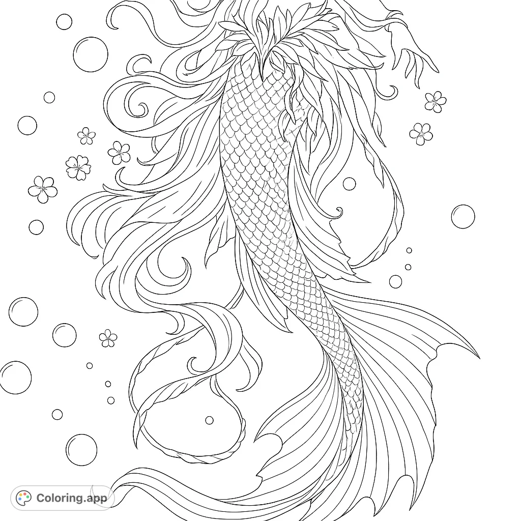 Dive into a magical underwater world with this intricate mermaid coloring page. Features a detailed scaled tail, flowing fins, and delicate adornments.