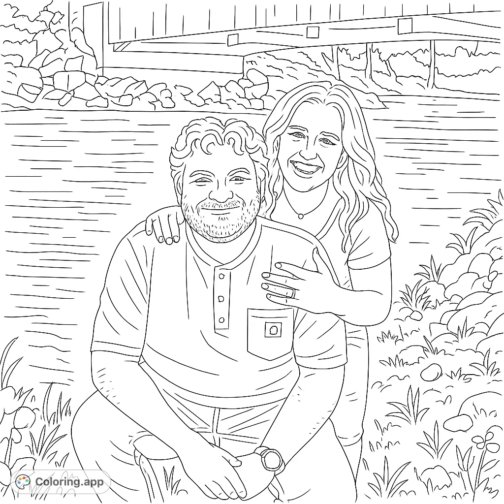 A joyful couple by a serene river under a bridge, featuring detailed figures and natural scenery. Perfect for a romantic coloring experience.
