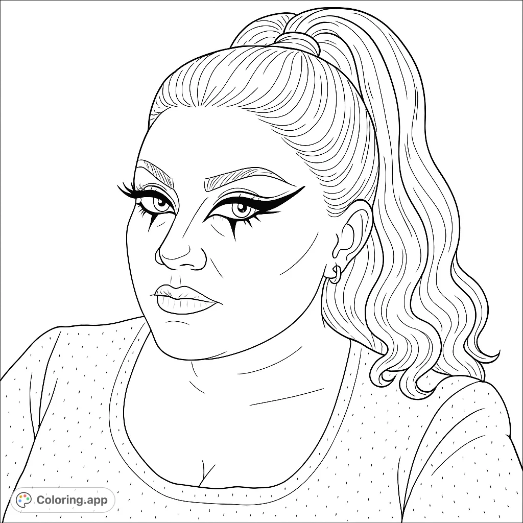 Captivating portrait of a woman with dramatic winged eyeliner and a high ponytail, perfect for expressive coloring and artistic exploration.