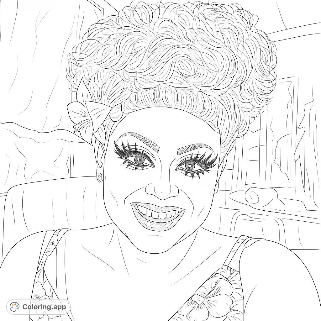 A vibrant portrait of a smiling performer with elaborate makeup, voluminous hair, and a floral top. Perfect for a glamorous coloring experience.