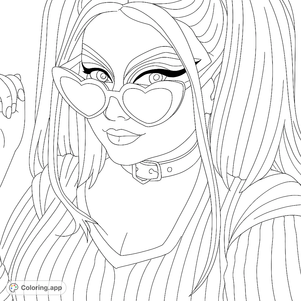 A stylish girl with heart-shaped glasses and pigtails, perfect for a trendy coloring page. Express your creativity with this free printable design.